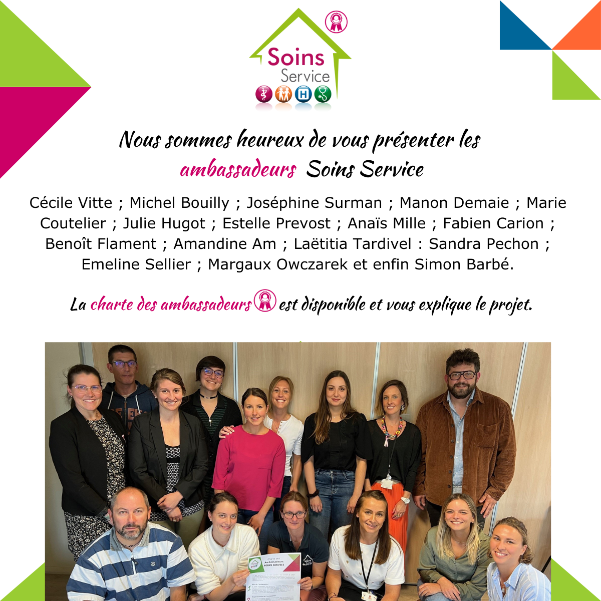 Photo des ambassadeurs et la Fondation Soins Service lors de la signature de la Charte des ambassadeurs